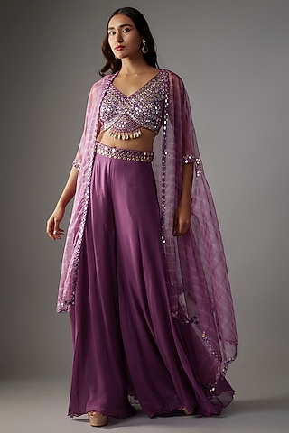 Lavender Organza Mirror Work Tie-Dye Scalloped Cape Set by Yoshita Couture