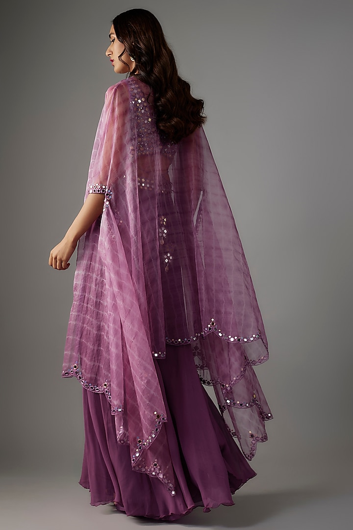 Lavender Organza Mirror Work Tie-Dye Scalloped Cape Set by Yoshita Couture at Pernia's Pop Up Shop