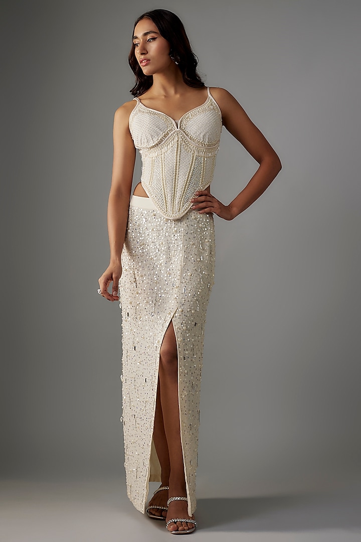 Ivory Georgette & Net Pearl Embroidered Skirt Set by Yoshita Couture