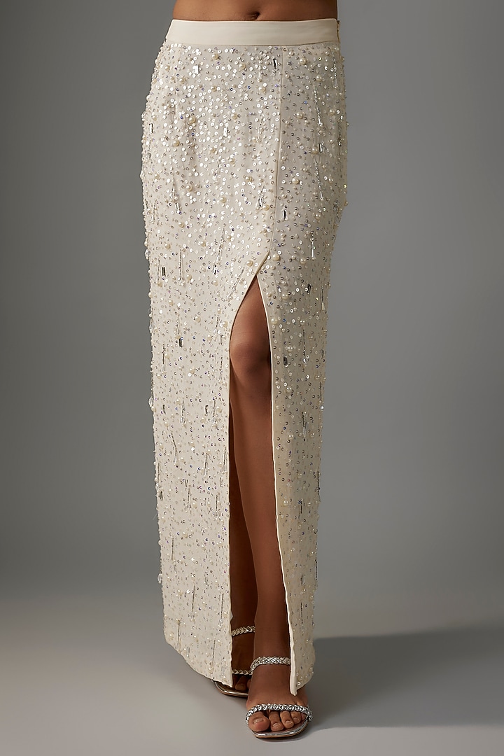 Ivory Georgette & Net Pearl Embroidered Skirt Set by Yoshita Couture at Pernia's Pop Up Shop