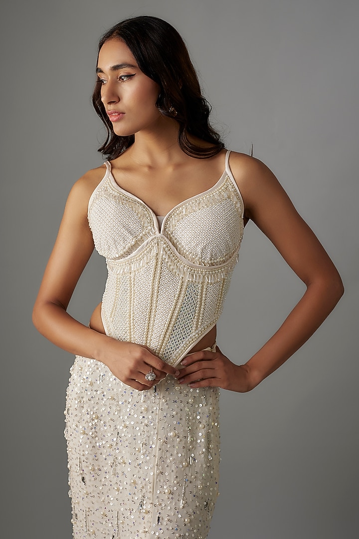 Ivory Georgette & Net Pearl Embroidered Skirt Set by Yoshita Couture at Pernia's Pop Up Shop