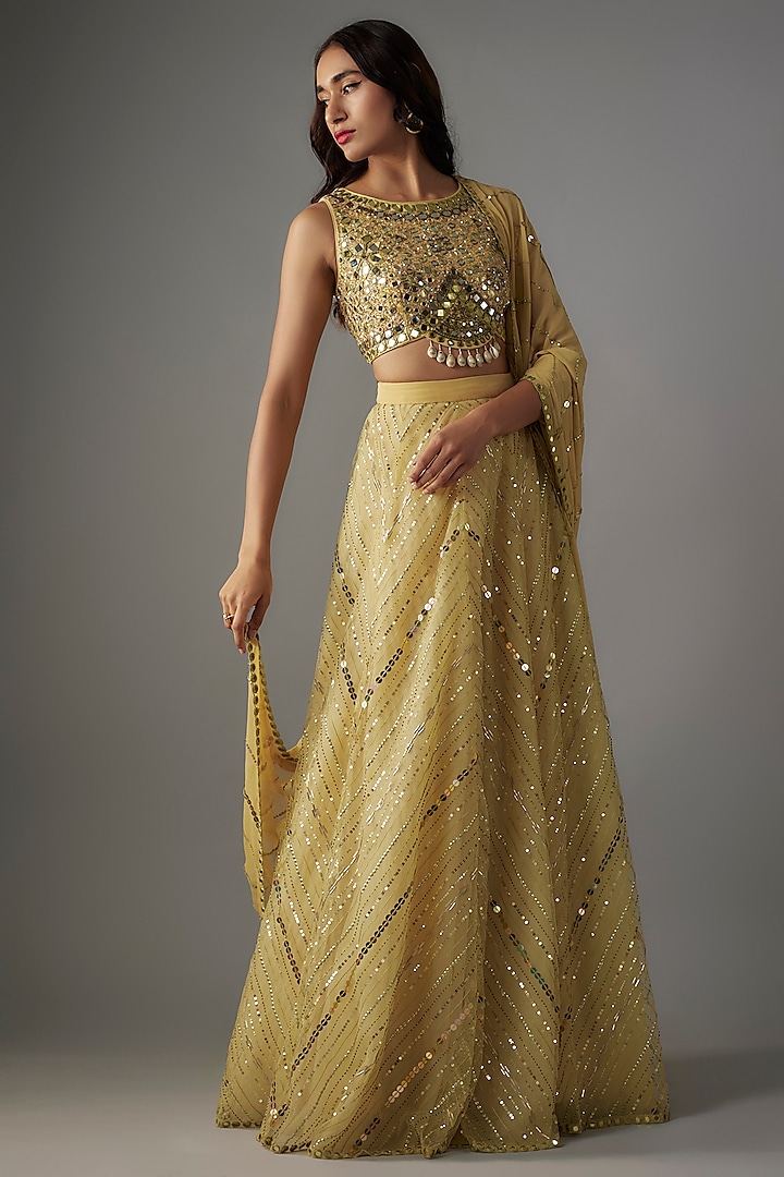 Olive Green Net Sequins & Bead Embroidered Chevron Lehenga Set by Yoshita Couture