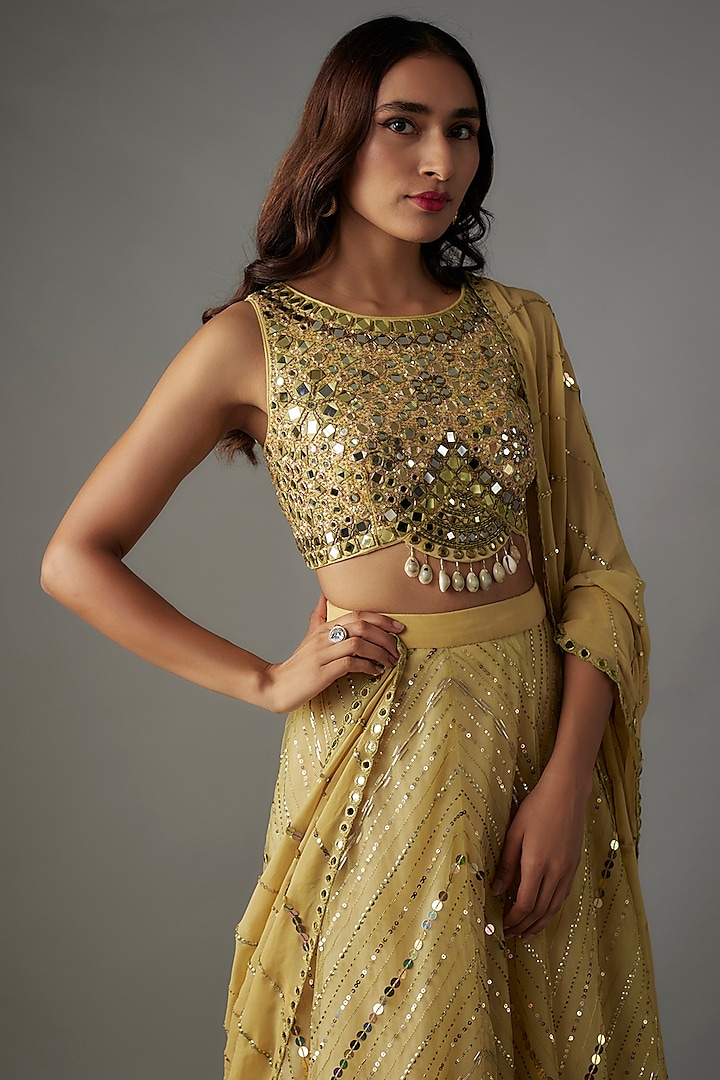 Olive Green Net Sequins & Bead Embroidered Chevron Wedding Lehenga Set by Yoshita Couture at Pernia's Pop Up Shop
