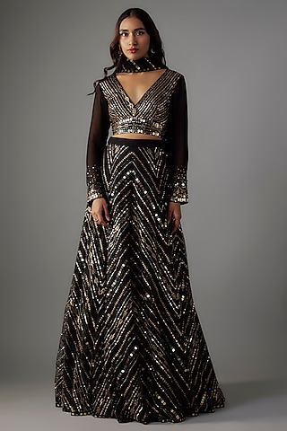 Black & Gold Net Sequins & Glass Bead Embroidered Lehenga Set by Yoshita Couture