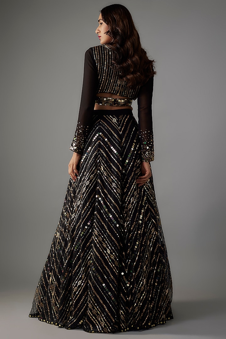 Black & Gold Net Sequins & Glass Bead Embroidered Wedding Lehenga Set by Yoshita Couture at Pernia's Pop Up Shop