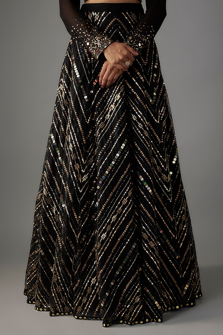 Black & Gold Net Sequins & Glass Bead Embroidered Wedding Lehenga Set by Yoshita Couture at Pernia's Pop Up Shop