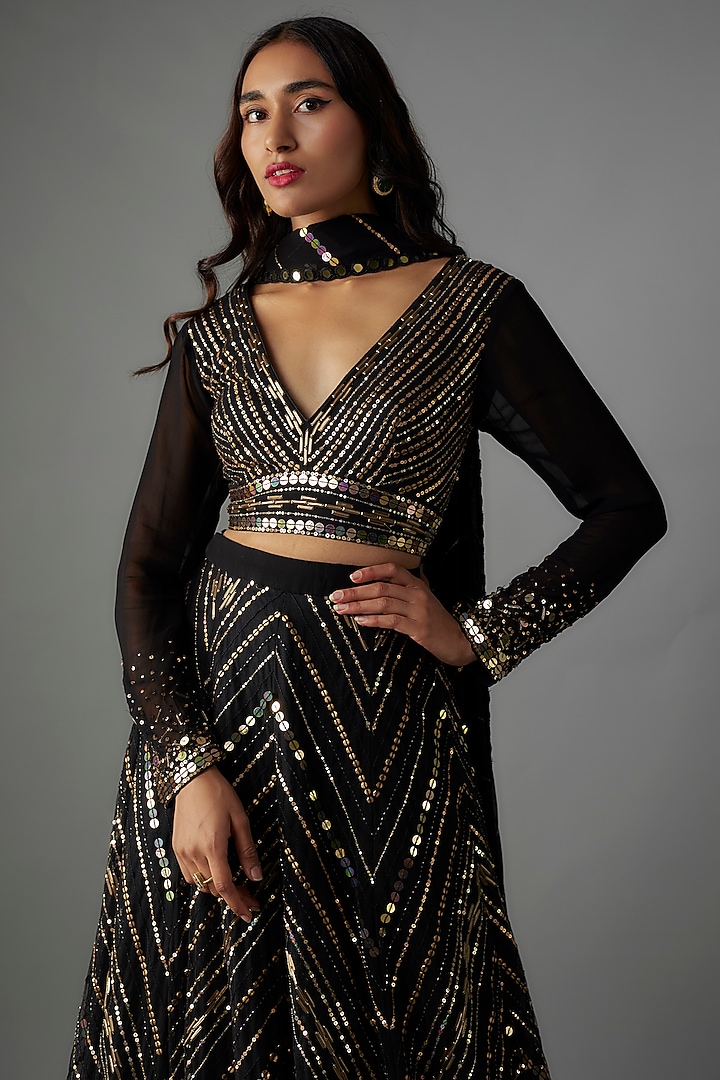 Black & Gold Net Sequins & Glass Bead Embroidered Wedding Lehenga Set by Yoshita Couture at Pernia's Pop Up Shop