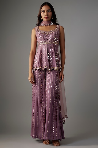 Lavender Georgette & Shantoon Hand Embroidered Flared Sharara Set by Yoshita Couture