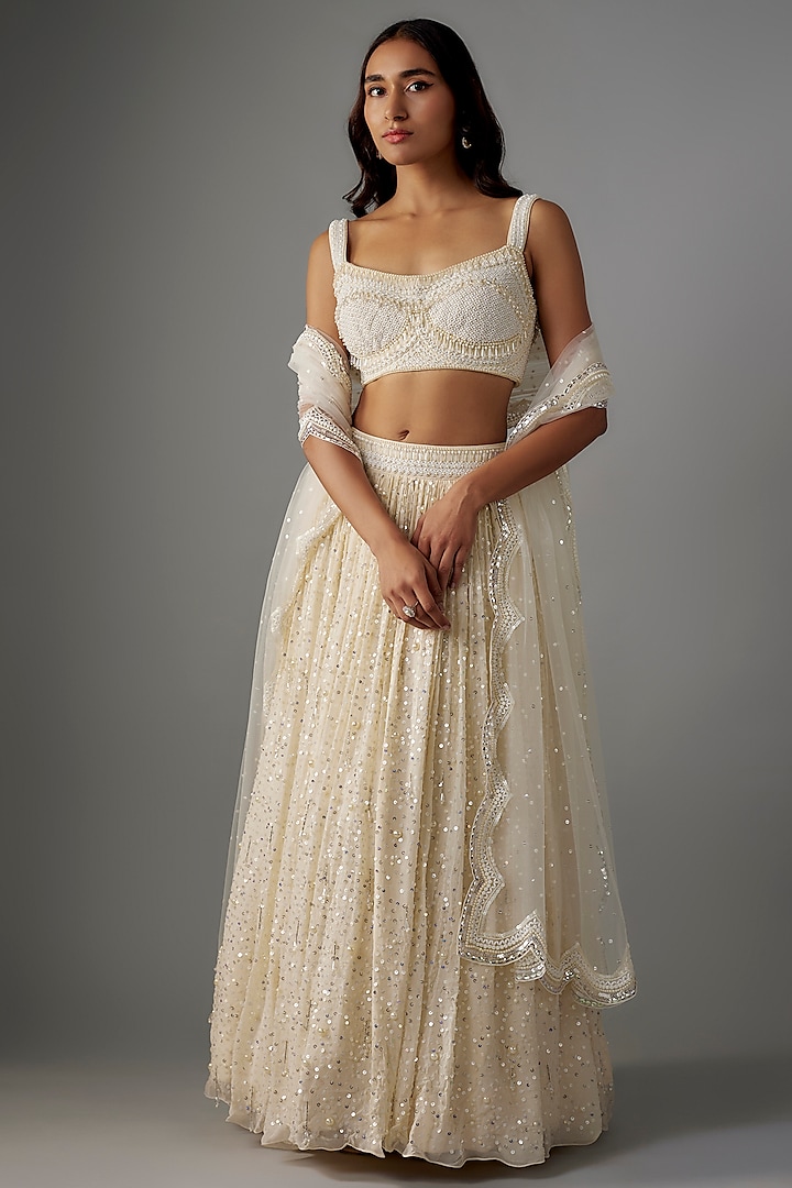 Ivory Georgette Sequins & Tassels Embroidered Lehenga Set by Yoshita Couture