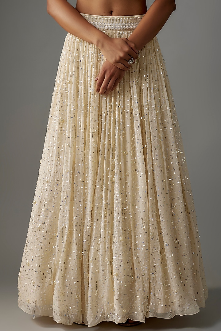 Ivory Georgette Sequins & Tassels Embroidered Wedding Lehenga Set by Yoshita Couture at Pernia's Pop Up Shop