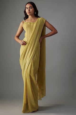 Olive Green Georgette Pearl & Crystal Embroidered Pre-Draped Saree Set by Yoshita Couture
