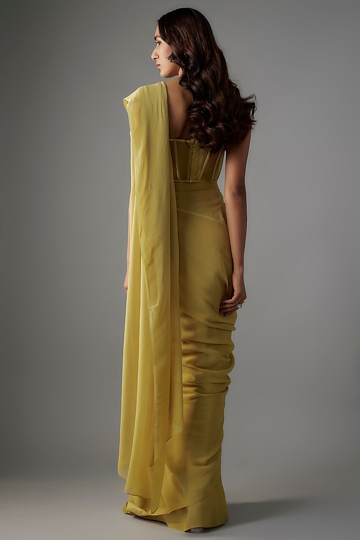 Olive Green Georgette Pearl & Crystal Embroidered Pre-Draped Wedding Saree Set by Yoshita Couture at Pernia's Pop Up Shop