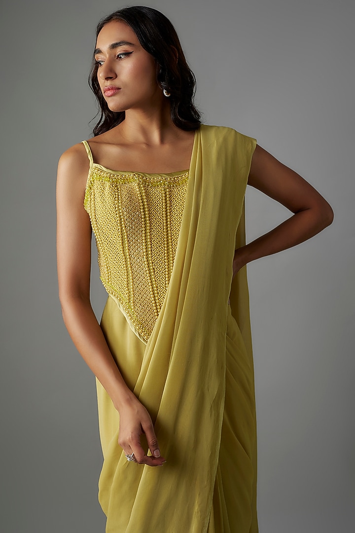 Olive Green Georgette Pearl & Crystal Embroidered Pre-Draped Wedding Saree Set by Yoshita Couture at Pernia's Pop Up Shop