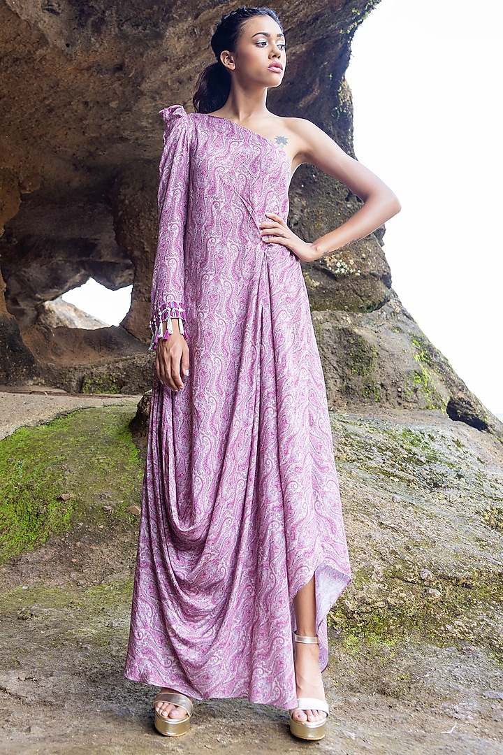 Pink Pure Muslin Printed One-Shoulder Cowl Vacation Dress by Yogita Kadam at Pernia's Pop Up Shop