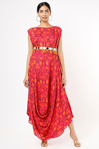 Pink Muslin Printed Cowl Dress by Yogita Kadam