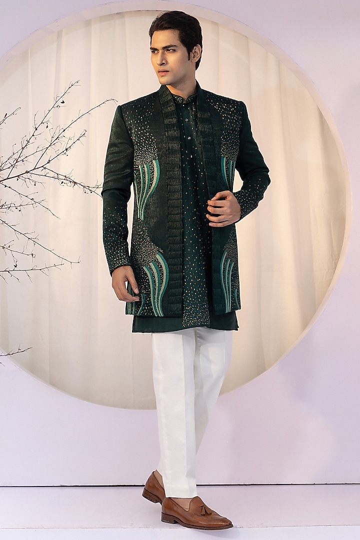 Emerald Green Linen Satin Cutdana Embroidered Jacket Set by YOSEBA