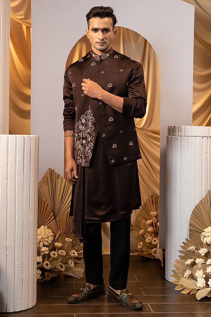 Brown Linen Satin Thread Work Bundi Jacket Set by YOSEBA at Pernia's Pop Up Shop