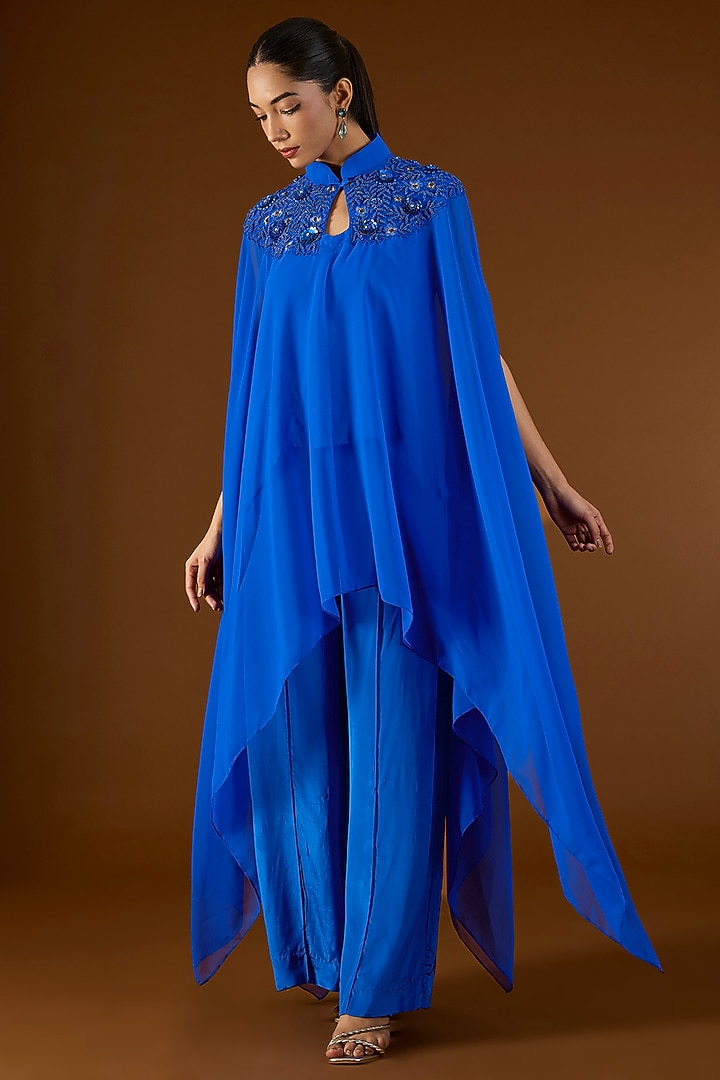 Electric Blue Georgette Sequins Embroidered Kaftan Set by Yoshita Couture at Pernia's Pop Up Shop