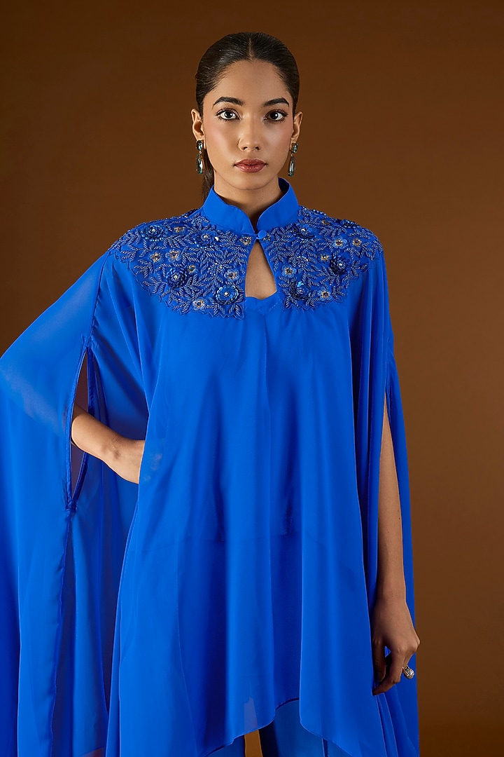 Electric Blue Georgette Sequins Embroidered Kaftan Set by Yoshita Couture at Pernia's Pop Up Shop