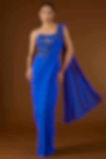 Electric Blue Georgette Pre-Draped Wedding Saree Set by Yoshita Couture at Pernia's Pop Up Shop