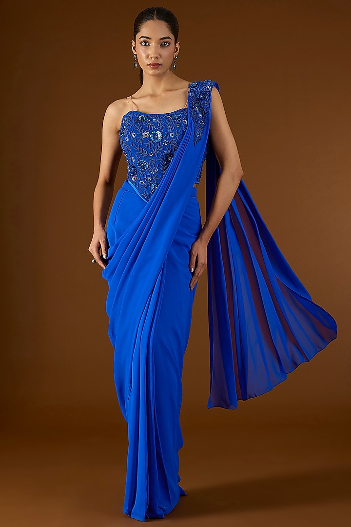 Electric Blue Georgette Pre-Draped Wedding Saree Set by Yoshita Couture at Pernia's Pop Up Shop
