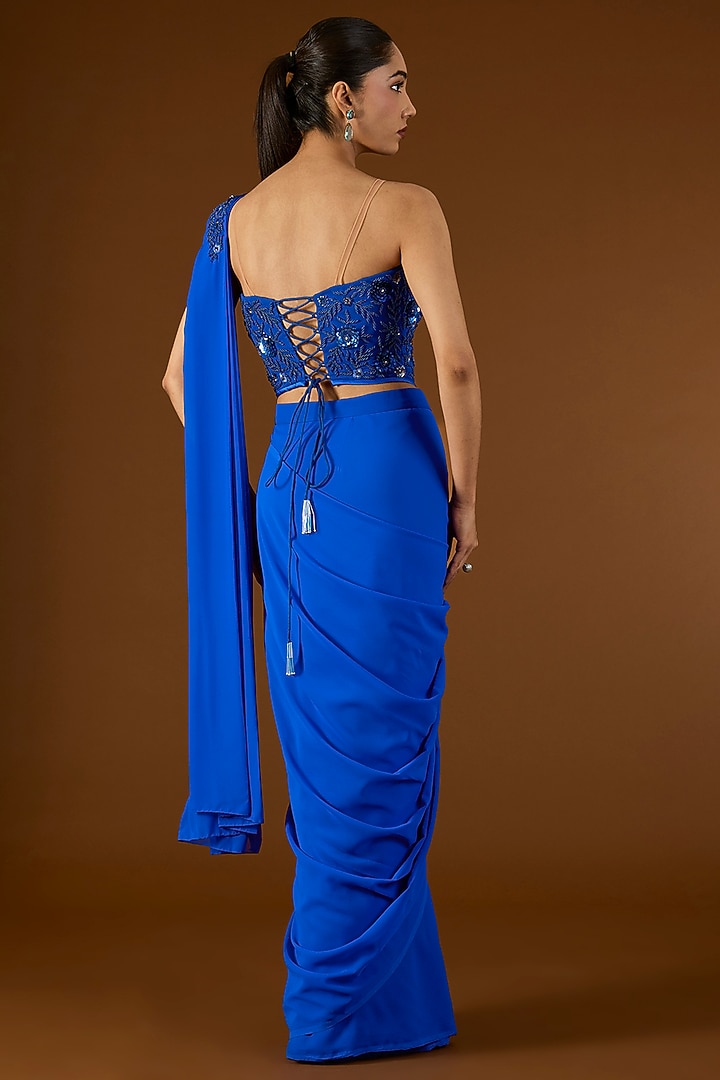 Electric Blue Georgette Pre-Draped Wedding Saree Set by Yoshita Couture at Pernia's Pop Up Shop