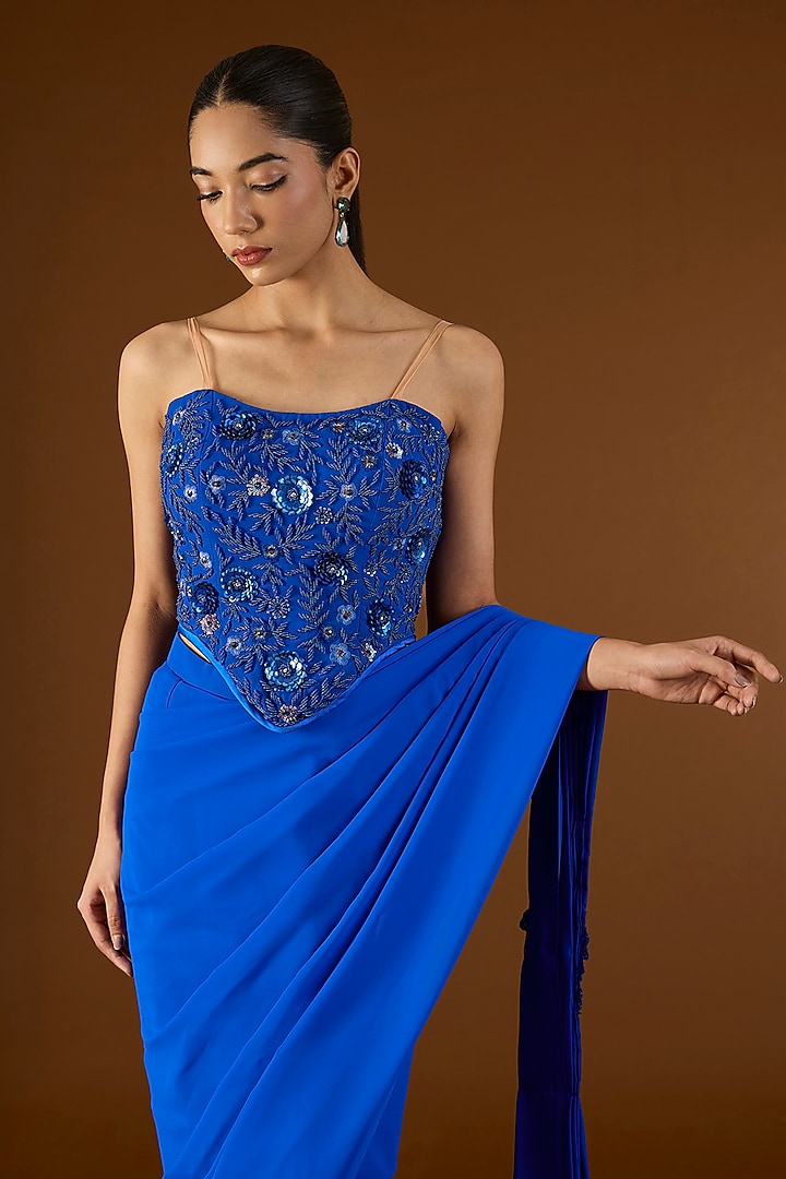 Electric Blue Georgette Pre-Draped Wedding Saree Set by Yoshita Couture at Pernia's Pop Up Shop