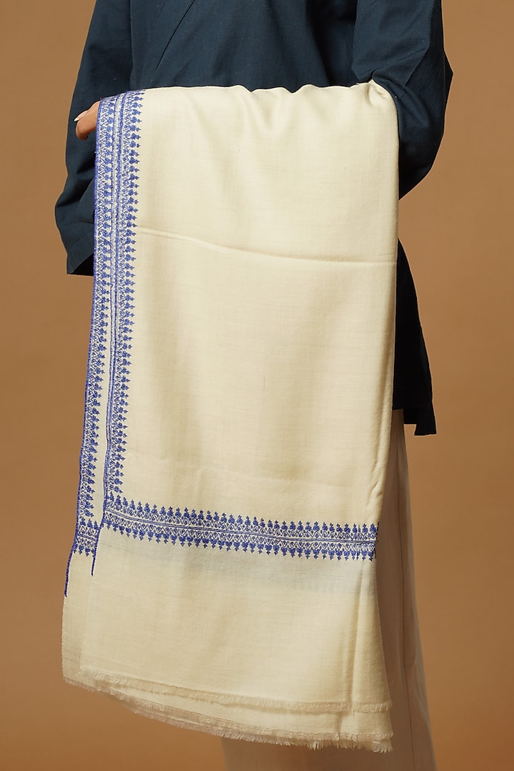 Cream Pashmina Handwork Shawl by YARNS & BLOOM at Pernia's Pop Up Shop
