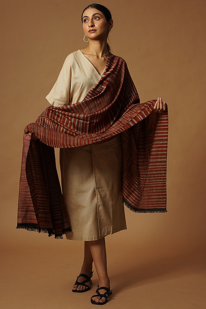 Brown Handwoven Cashmere Wool Shawl by YARNS & BLOOM