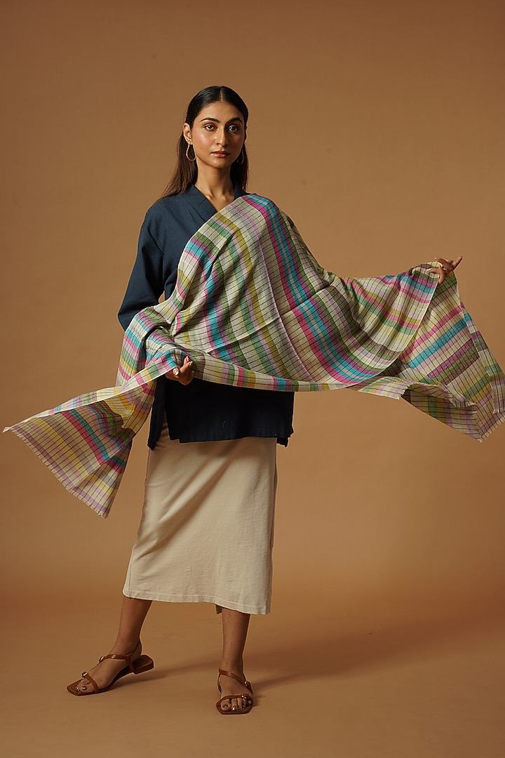 Multi-Colored Handwoven Checks Pashmina Stole by YARNS & BLOOM at Pernia's Pop Up Shop