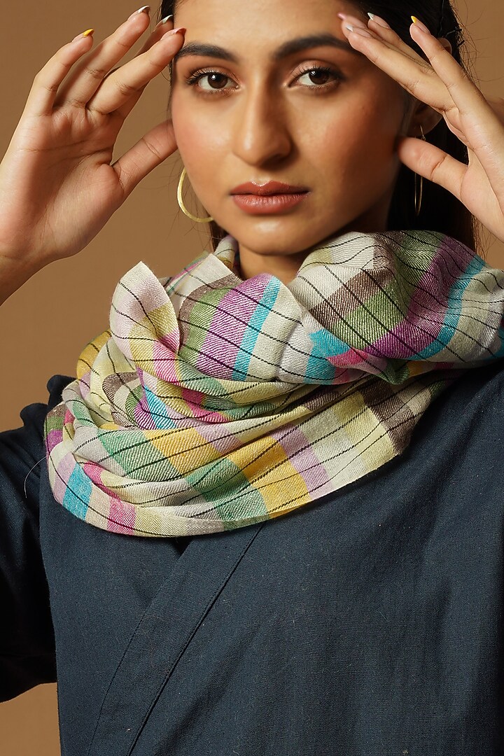 Multi-Colored Handwoven Checks Pashmina Stole by YARNS & BLOOM at Pernia's Pop Up Shop