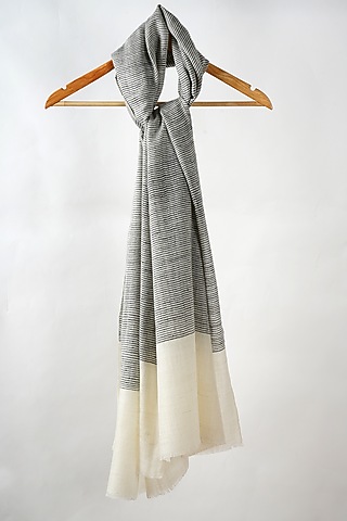 Ivory & Charcoal Handwoven Striped Pashmina Stole by YARNS & BLOOM