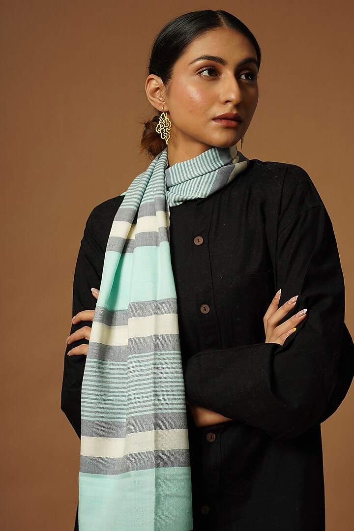 Mint Blue Handwoven Fine Wool Stole by YARNS & BLOOM at Pernia's Pop Up Shop