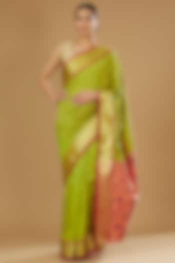 Pista Green Pure Katan Silk Paithani Banarasi Handloom Saree by Zal From Benaras