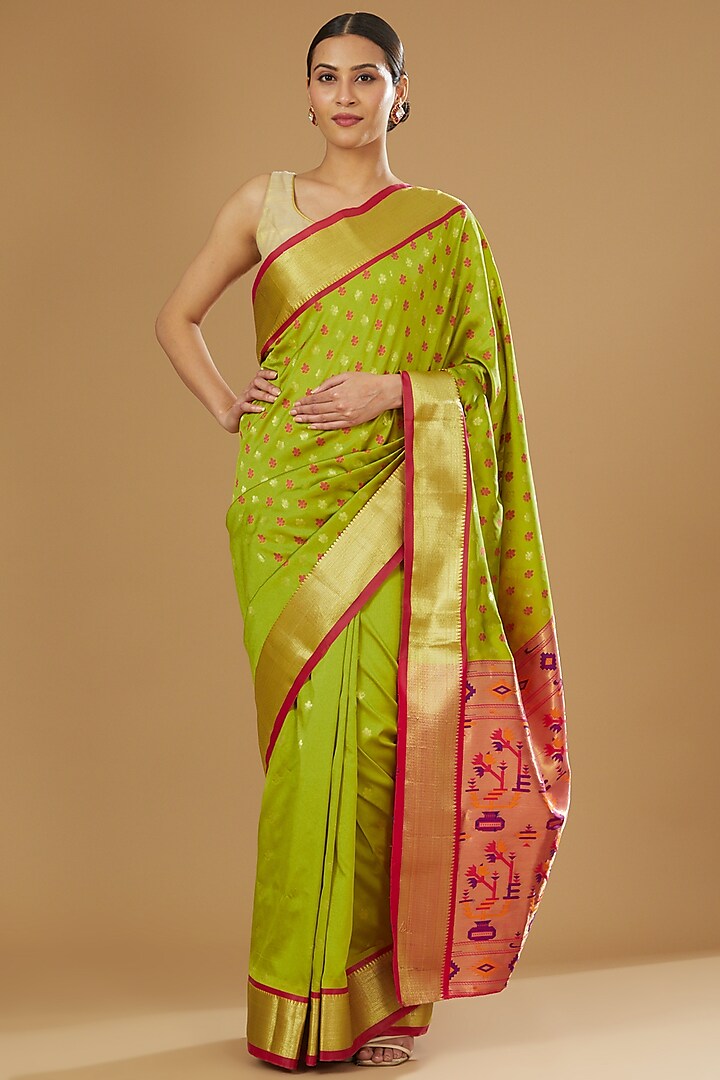 Pista Green Pure Katan Silk Paithani Banarasi Handloom Saree by Zal From Benaras