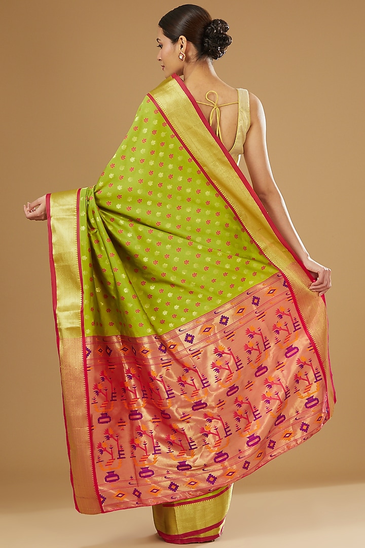 Pista Green Pure Katan Silk Paithani Banarasi Handloom Party Wear Saree by Zal From Benaras at Pernia's Pop Up Shop