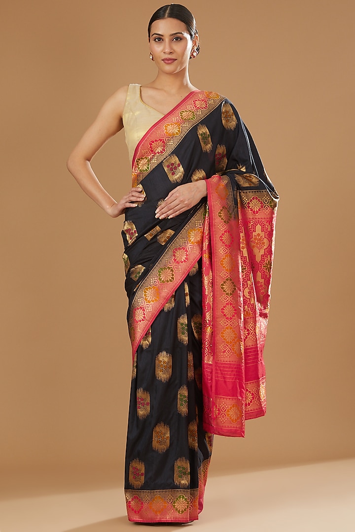 Black & Red Katan Silk Banarasi Handloom Weave Embroidered & Printed Saree
 by Zal From Benaras