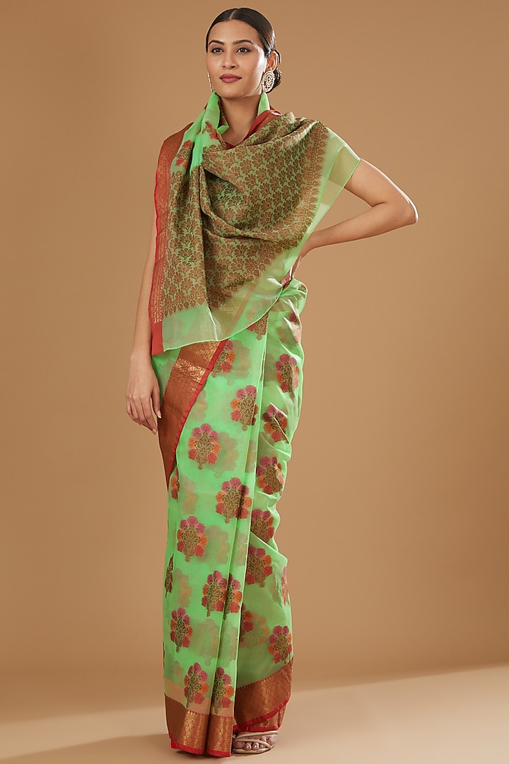 Sage Green Kora Silk Banarasi Handloom Saree by Zal From Benaras