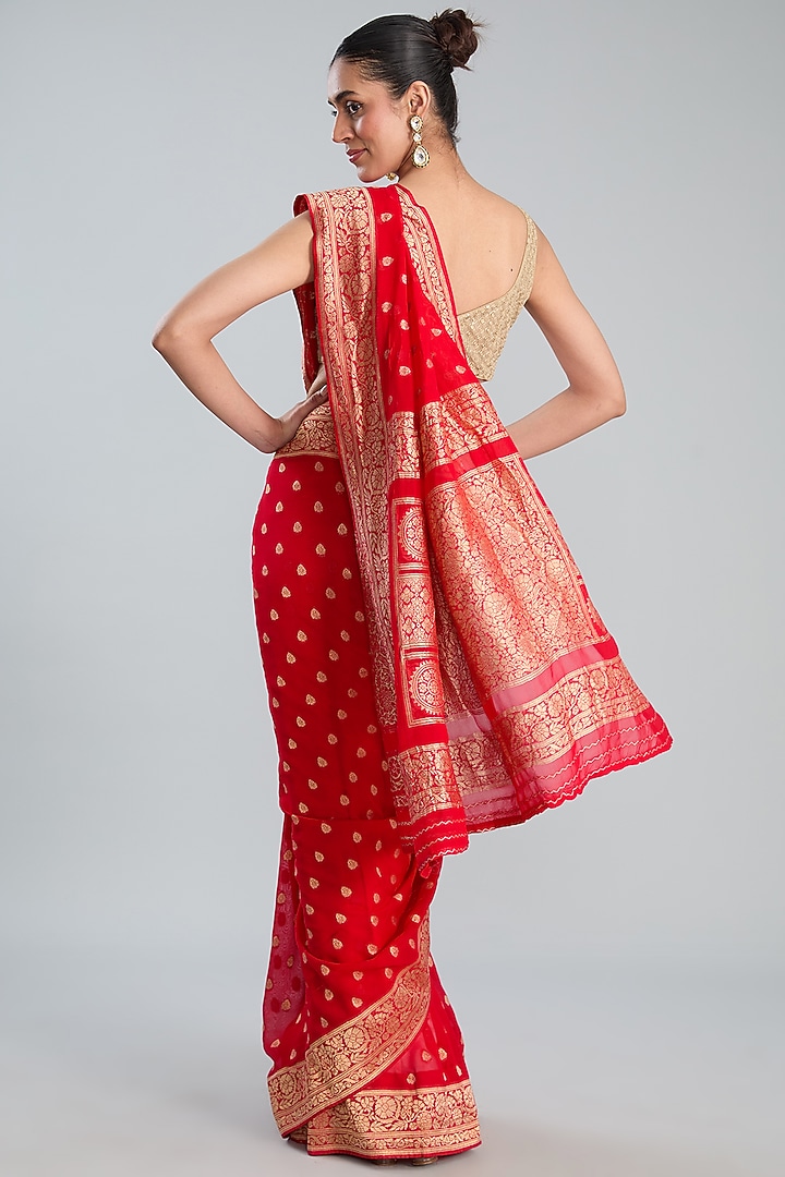 Red Pure Chiffon Silk Banarasi Handloom Weave Embroidered Festive Saree Set by Zal From Benaras at Pernia's Pop Up Shop