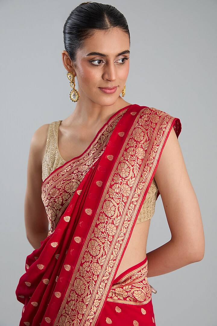Red Pure Chiffon Silk Banarasi Handloom Weave Embroidered Festive Saree Set by Zal From Benaras at Pernia's Pop Up Shop