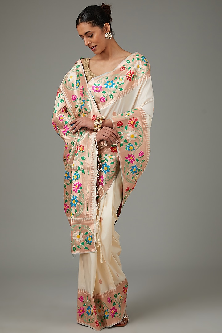 Cream Pure Silk Handloom Zari Embroidered Banarasi Paithani Saree Set by Zal From Benaras