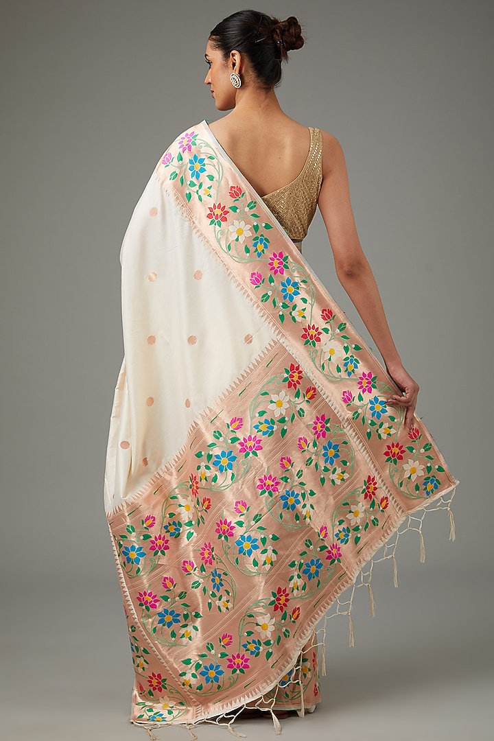 Cream Pure Silk Handloom Zari Embroidered Banarasi Paithani Festive Saree Set by Zal From Benaras at Pernia's Pop Up Shop