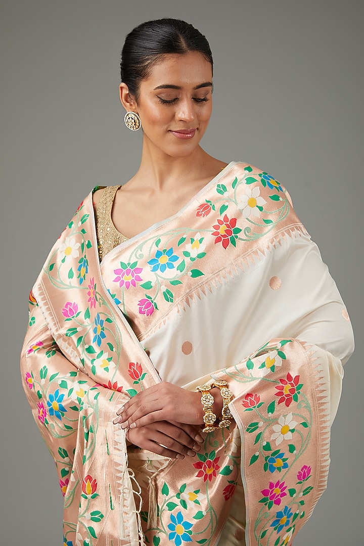 Cream Pure Silk Handloom Zari Embroidered Banarasi Paithani Festive Saree Set by Zal From Benaras at Pernia's Pop Up Shop