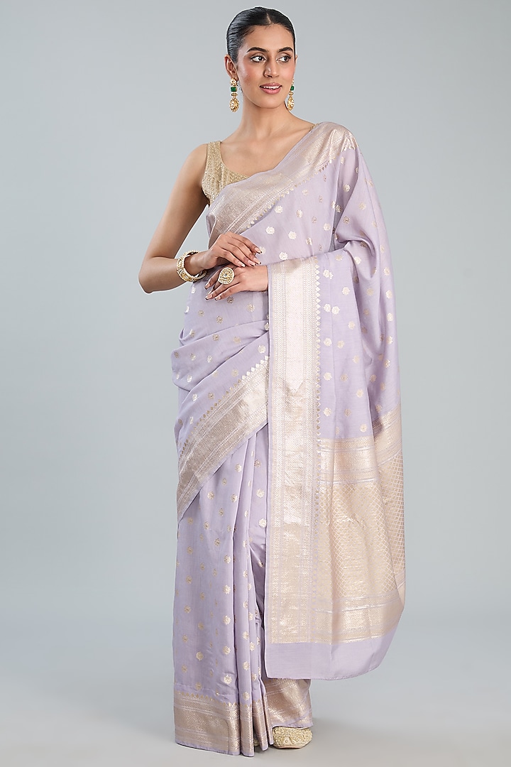 Lavender Pure Moonga Silk Zari Embroidered Banarasi Handloom Saree by Zal From Benaras