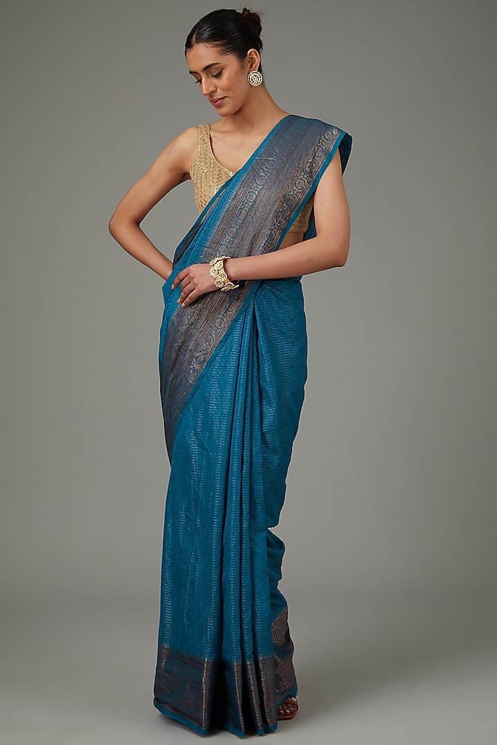 Teal Blue Pure Silk Handloom Banarasi Zari Striped Saree Set by Zal From Benaras