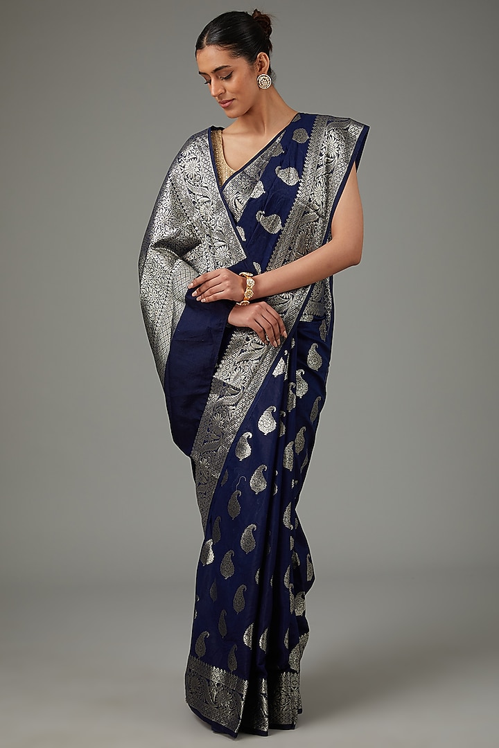Royal Blue Pure Silk Handloom Banarasi Zari Boota Work Saree Set by Zal From Benaras