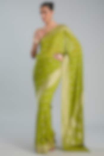 Pista Green Pure Chiffon Banarasi Handloom Weave Embroidered Saree Set by Zal From Benaras