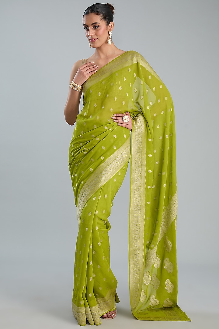 Pista Green Pure Chiffon Banarasi Handloom Weave Embroidered Saree Set by Zal From Benaras
