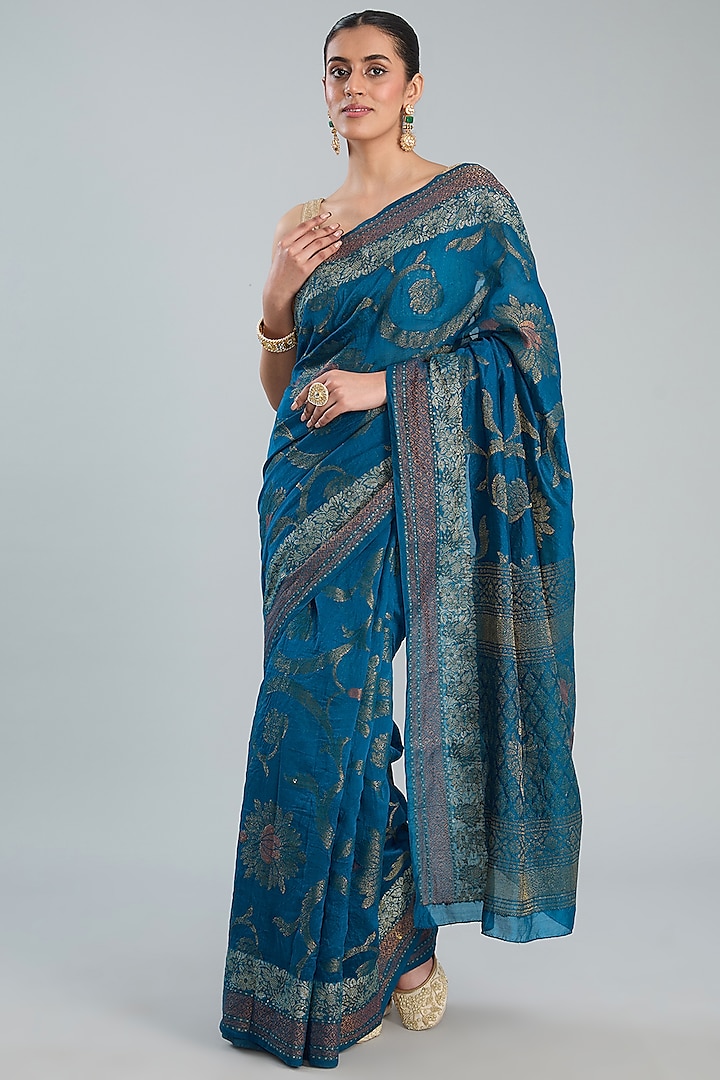 Blue Pure Silk Handloom Zari Embroidered Banarasi Saree Set by Zal From Benaras