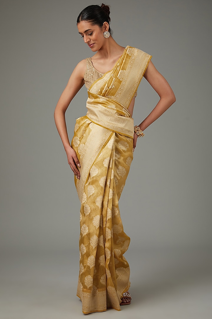 Gold Pure Tissue Silk Banarasi Zari Work Saree Set by Zal From Benaras